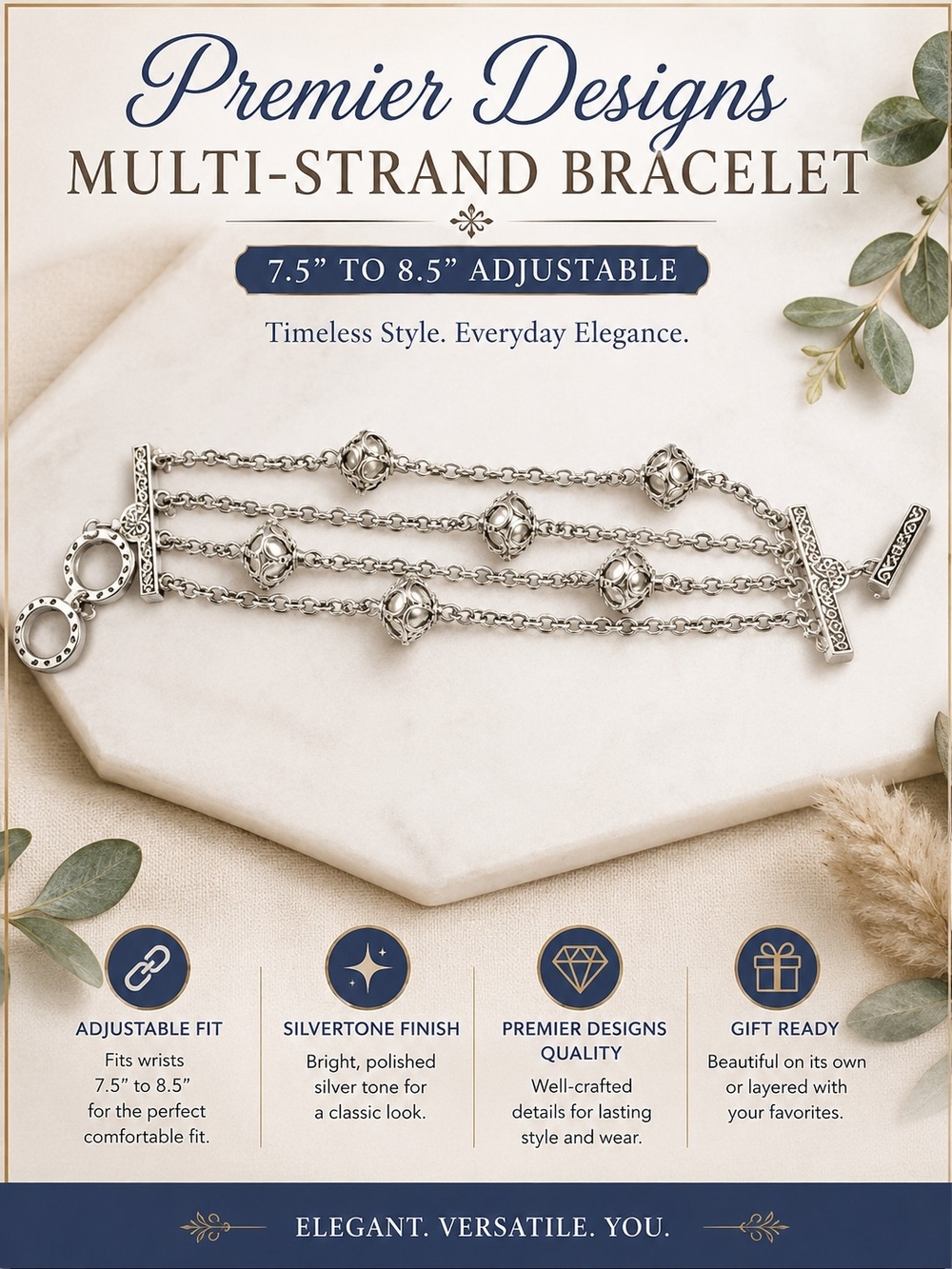 Premier Designs Silver Multi-Strand Decorative Bead Bracelet